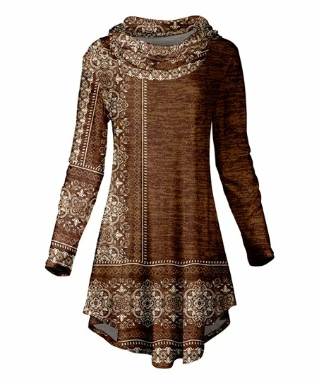 Lily | Brown & Beige Scarf Print Curved-Hem Cowl Neck Tunic - Plus 1 Lily | Brown & Beige Scarf Print Curved-Hem Cowl Neck Tunic - Plus