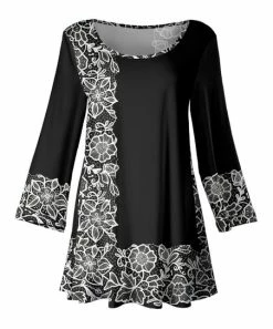 Lily | Black & White Floral-Accent Scoop Neck Swing Tunic - Plus