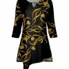 Lily | Black & Gold Scroll-Floral Asymmetrical-Hem Keyhole Tunic - Women