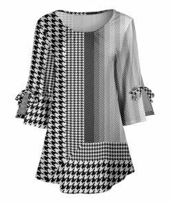 Lily | Black & White Houndstooth Chevron Tie-Sleeve Tunic - Women