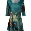 Lily | Teal & Green Floral Three-Quarter Sleeve Pleated-Waist Tunic - Women