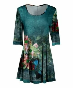 Lily | Teal & Green Floral Three-Quarter Sleeve Pleated-Waist Tunic - Women