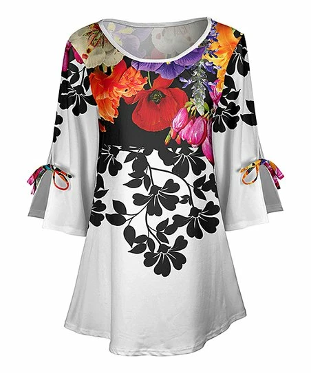 Lily | White & Red Color Block Floral Tie-Sleeve Tunic - Women 1 Lily | White & Red Color Block Floral Tie-Sleeve Tunic - Women