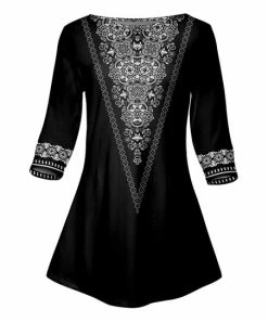 Lily | Black & White Arabesque Three-Quarter Sleeve Boatneck Tunic - Women & Plus