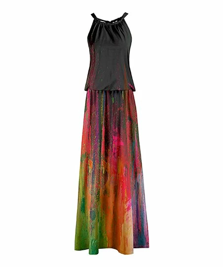 Lily | Black Multicolor Paint Splatter Sleeveless Blouson Maxi Dress - Women 1 Lily | Black Multicolor Paint Splatter Sleeveless Blouson Maxi Dress - Women
