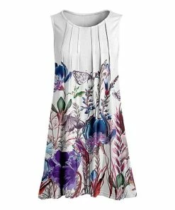 Lily | White & Purple Floral Pleated Sleeveless Tunic - Plus