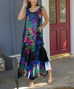 Lily | Black & Teal Floral Sleeveless Handkerchief Maxi Dress - Women & Plus