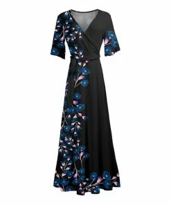 Lily | Black & Blue Floral Half-Sleeve Wrap Maxi Dress - Women