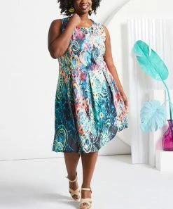 Lily | Teal & Yellow Abstract Pleated Fit & Flare Dress - Women