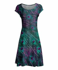 Lily | Teal & Purple Peacock Feather Cap-Sleeve Dress - Women & Plus