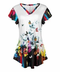 Lily | White Floral Butterfly Flutter-Sleeve V-Neck Tunic - Women