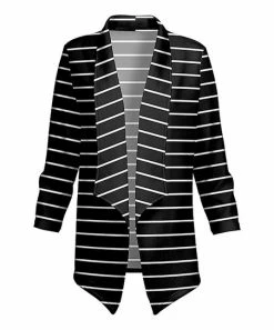 Lily | Black & White Stripe Longline Open Blazer - Plus