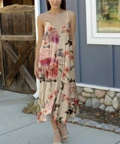 Lily | Beige & Rose Floral Double-V Sleeveless Dress - Women & Plus