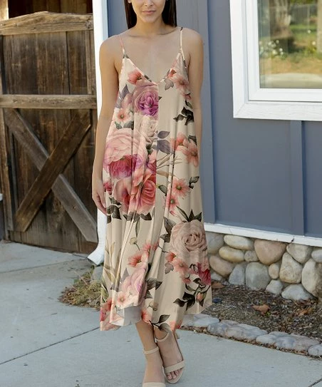 Lily | Beige & Rose Floral Double-V Sleeveless Dress - Women & Plus 1 Lily | Beige & Rose Floral Double-V Sleeveless Dress - Women & Plus