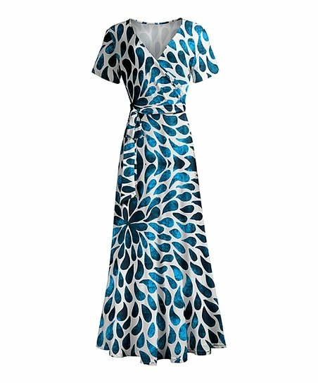 Lily | White & Teal Teardrop Wrap Maxi Dress - Women & Plus 1 Lily | White & Teal Teardrop Wrap Maxi Dress - Women & Plus