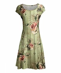 Lily | Olive & Coral Rose Cap-Sleeve Dress - Women
