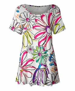 Lily | White & Neon Pink Daisy Sketch Short-Sleeve Scoop Neck Tunic - Women & Plus