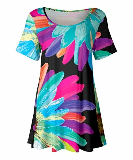 Lily | Black & Neon Blue Short-Sleeve Scoop Neck Tunic - Women & Plus 1 Lily | Black & Neon Blue Short-Sleeve Scoop Neck Tunic - Women & Plus