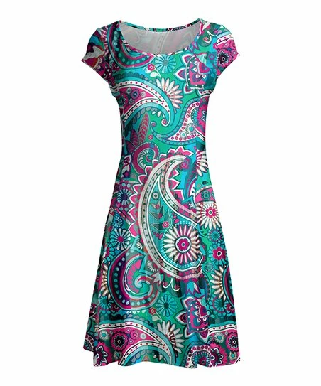 Lily | Turquoise & Pink Paisley Cap-Sleeve Dress - Women & Plus 1 Lily | Turquoise & Pink Paisley Cap-Sleeve Dress - Women & Plus