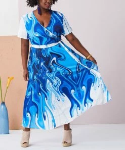 Lily | Blue & White Abstract Wrap Maxi Dress - Women & Plus