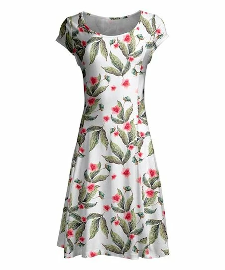 Lily | White & Green Leaf Cap-Sleeve Dress - Women & Plus 1 Lily | White & Green Leaf Cap-Sleeve Dress - Women & Plus