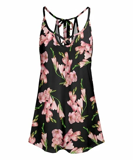 Lily | Black & Pink Floral Crisscross Strap Sleeveless Tunic - Women 1 Lily | Black & Pink Floral Crisscross Strap Sleeveless Tunic - Women