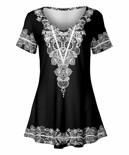 Lily | Black & White Medallion Short-Sleeve V-Neck Tunic - Women 1 Lily | Black & White Medallion Short-Sleeve V-Neck Tunic - Women