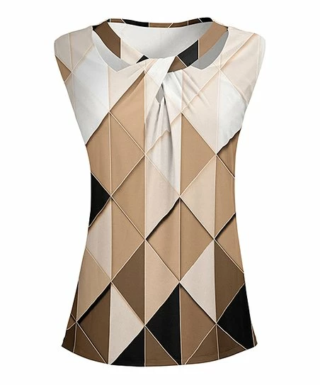 Lily | Brown & Black Geometric Sleeveless Cutout-Twist Tunic - Women & Plus 1 Lily | Brown & Black Geometric Sleeveless Cutout-Twist Tunic - Women & Plus