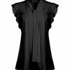 Lily | Black Tie-Neck Flutter-Sleeve Tunic - Women