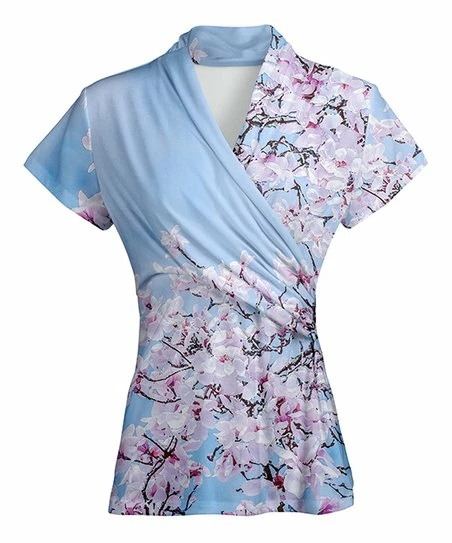 Lily | Blue & Lavender Floral Short-Sleeve Surplice Top - Plus 1 Lily | Blue & Lavender Floral Short-Sleeve Surplice Top - Plus