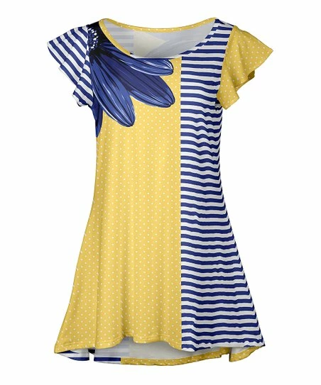 Lily | Navy & Yellow Polka Dot Stripe Floral Flutter-Sleeve Tunic - Plus 1 Lily | Navy & Yellow Polka Dot Stripe Floral Flutter-Sleeve Tunic - Plus