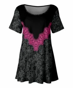 Lily | Black & Fuchsia Lace-Print Short-Sleeve Scoop Neck Tunic - Plus