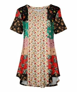 Lily | Red & Cream Floral Patchwork Curve-Hem Tunic - Plus