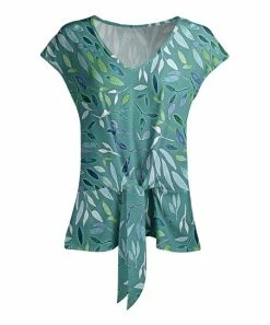 Lily | Turquoise & White Leaf Tie-Waist Short-Sleeve Tunic - Plus