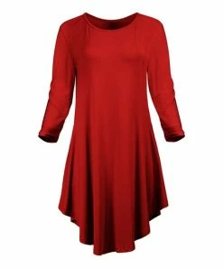 Lily | Red Three-Quarter Sleeve Curved-Hem Dress - Plus