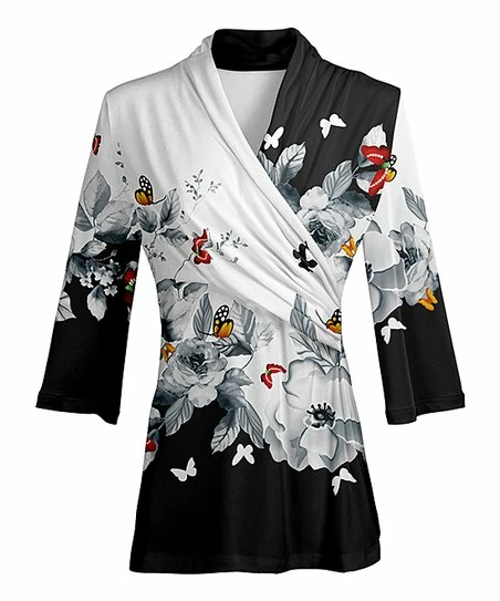 Lily | Black & White Floral Surplice Tunic - Women 1 Lily | Black & White Floral Surplice Tunic - Women