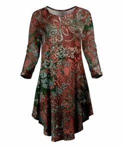 Lily | Rust & Green Floral Three-Quarter Sleeve Curve-Hem Dress - Plus