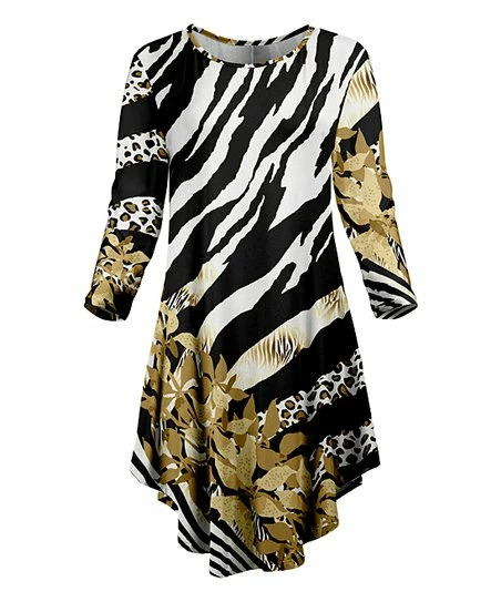 Lily | White & Black Zebra Three-Quarter Sleeve Curve-Hem Dress - Women 1 Lily | White & Black Zebra Three-Quarter Sleeve Curve-Hem Dress - Women