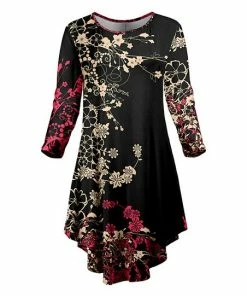 Lily | Black & Cream Floral Three-Quarter Sleeve Curve-Hem Dress - Plus