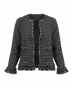 Lily | Black & White Tartan Fringe-Hem Open Blazer - Plus