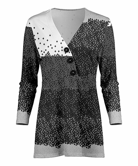 Lily | Black & White Abstract Geometric Button-Accent V-Neck Tunic - Women 1 Lily | Black & White Abstract Geometric Button-Accent V-Neck Tunic - Women
