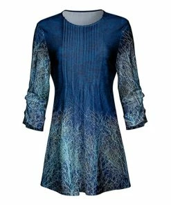 Lily | Light Blue Branches Pleat-Front Three-Quarter Sleeve Tunic - Women