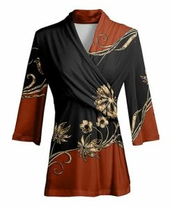 Lily | Black & Rust Floral Color Block Wrap-Front Tunic - Women