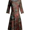 Lily | Rust & Green Leaf Three-Quarter Sleeve A-Line Dress - Women