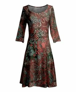 Lily | Rust & Green Leaf Three-Quarter Sleeve A-Line Dress - Women