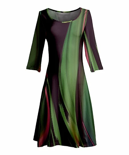 Lily | Green & Brushstroke Three-Quarter Sleeve A-Line Dress - Women & Plus 1 Lily | Green & Brushstroke Three-Quarter Sleeve A-Line Dress - Women & Plus