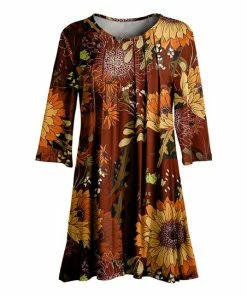 Lily | Brown & Orange Floral Pleated Swing Tunic - Women & Plus