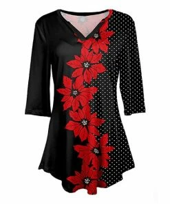 Lily | Black & Red Poinsettia Dot Three-Quarter Sleeve V-Neck Tunic - Women & Plus