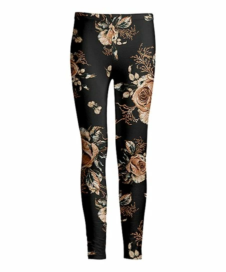 Lily | Black & Champagne Rose Leggings - Women & Plus 1 Lily | Black & Champagne Rose Leggings - Women & Plus