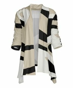Lily | Black & Beige Geometric Ruched-Sleeve Sidetail Open Cardigan - Plus